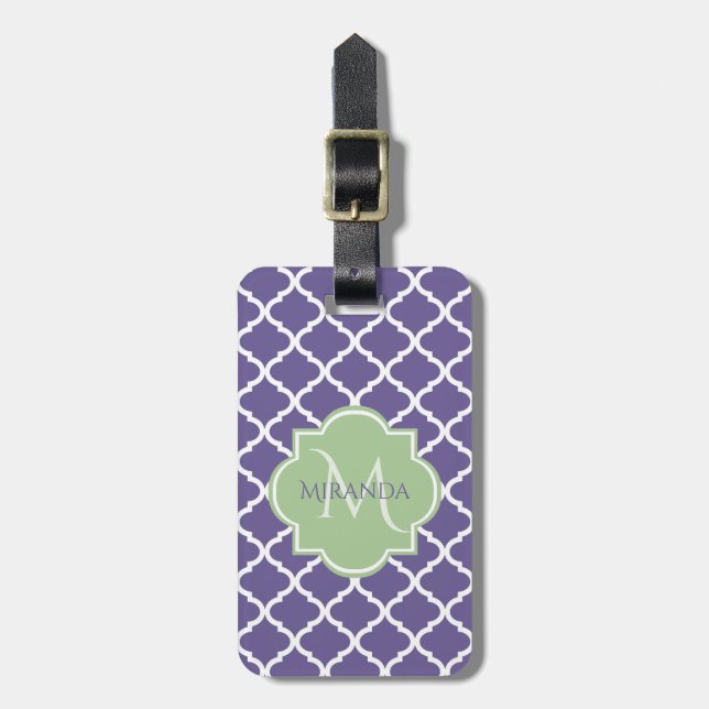 Stilvolle Lila Quatrefolie und Green Monogram bene Gepäckanhänger (Vorderseite vertikal)