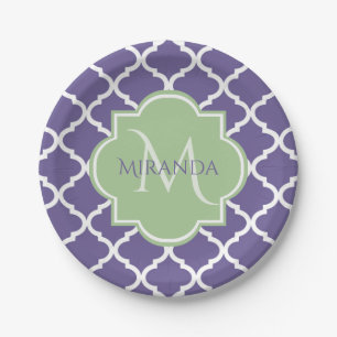Stilvolle Lila Quatrefolie und Green Monogram bene Pappteller