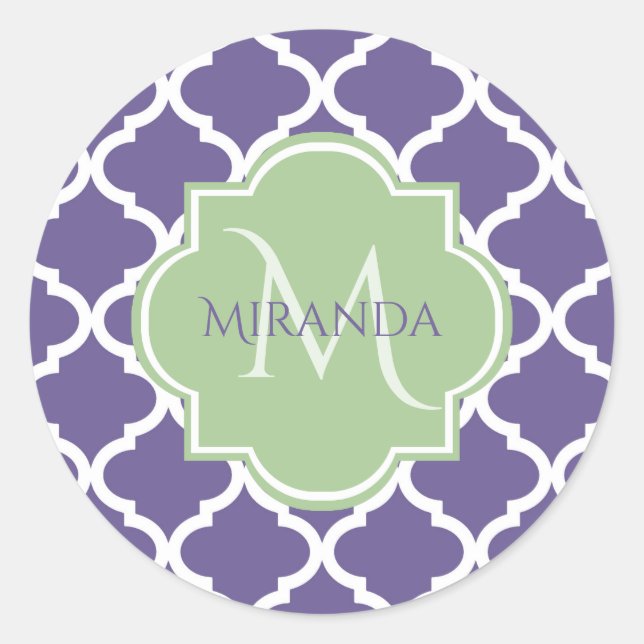 Stilvolle Lila Quatrefolie und Green Monogram bene Runder Aufkleber (Vorderseite)