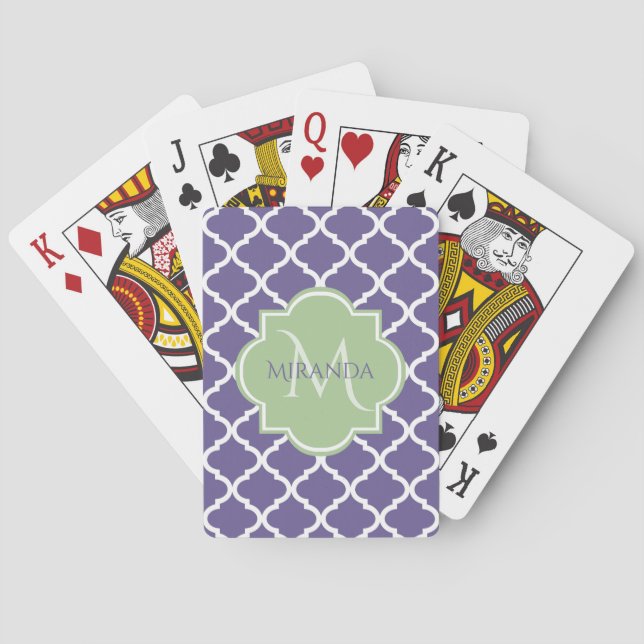 Stilvolle Lila Quatrefolie und Green Monogram bene Spielkarten (Rückseite)