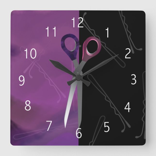 Stilvolle lila/rosa Friseuruhr Quadratische Wanduhr (Vorderseite)