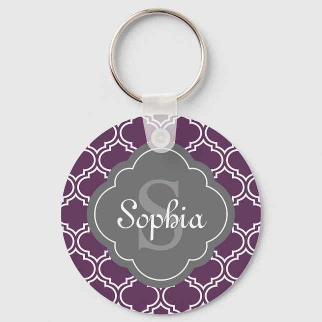 Stilvolle Lila Trellis Gray Monogram Schlüsselanhänger (Vorderseite)
