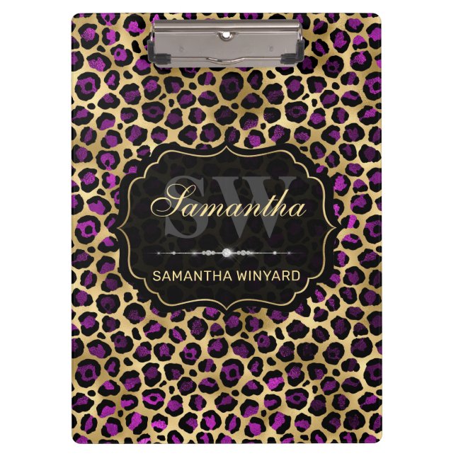 Stilvolle Lila- und Goldleoparden-Monogramm Klemmbrett (Vorderseite)