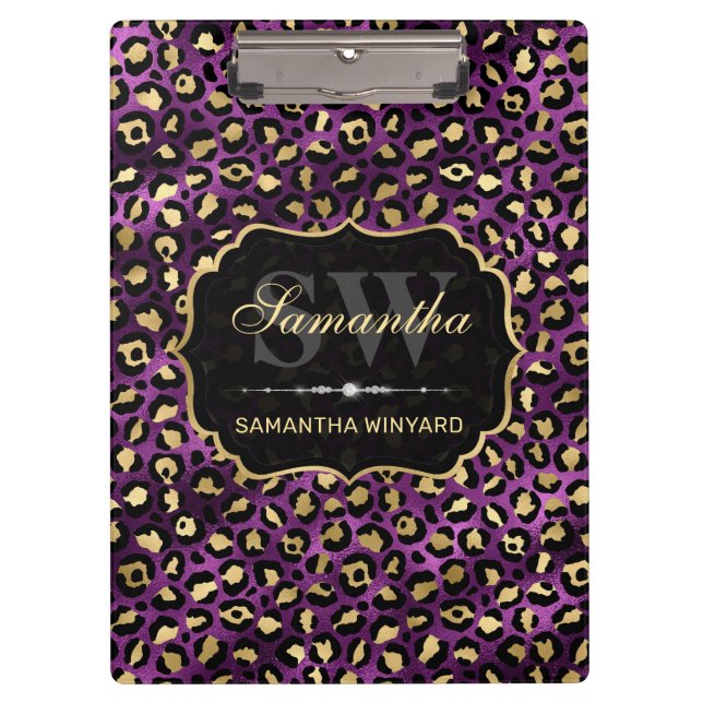 Stilvolle Lila- und Goldleoparden-Monogramm Klemmbrett (Vorderseite)