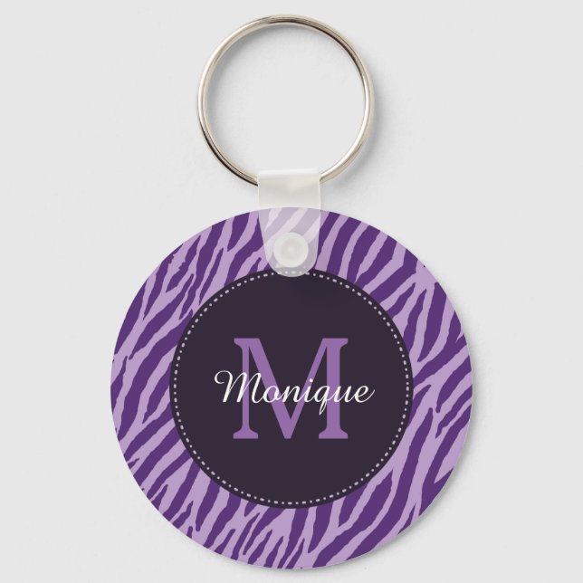 Stilvolle Lila Zebra-Print mit Monogramm und Name Schlüsselanhänger (Vorderseite)