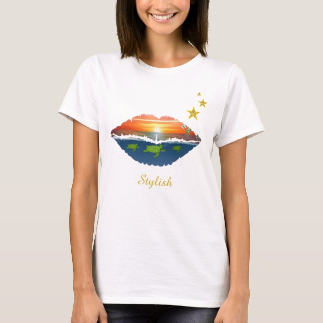 Stilvolle Lippen, Sterne & Kalligraphie des Ozeans T-Shirt (Vorderseite)