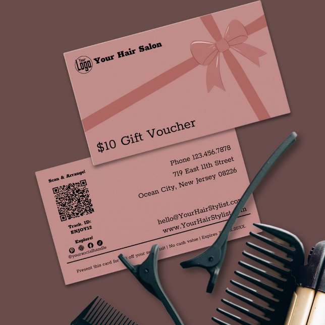 Stilvolle Logo QR Code Ribbon $10 Geschenkgutschei (Stylish Logo QR Code Ribbon $10 Gift Voucher Card)