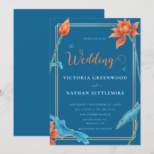 Stilvolle Lotus Blume Orange und Blue Wedding Einladung (Vorne/Hinten)