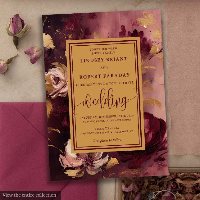 Stilvolle Lux Merlot Blush Gold Floral Wedding Einladung (Stylish Lux Merlot Blush Gold Floral Wedding Invitation)