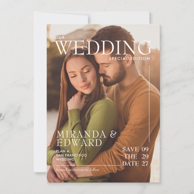 Stilvolle Magazine Cover Foto Wedding Save The Date (Vorderseite)