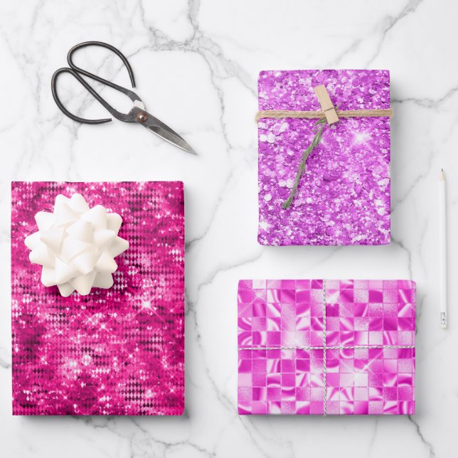 Stilvolle Magenta Pink Glitzer und Foil Glam Muste Geschenkpapier Set (Vorderseite)