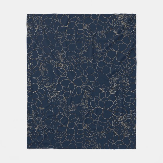 Stilvolle Marineblau-Goldhand gezeichnetes Blumen Fleecedecke (Vorderseite)