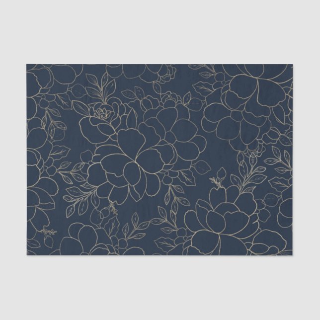 Stilvolle Marineblau-Goldhand gezeichnetes Blumen Seidenpapier (Vorderseite)