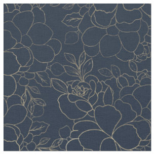 Stilvolle Marineblau-Goldhand gezeichnetes Blumen Stoff