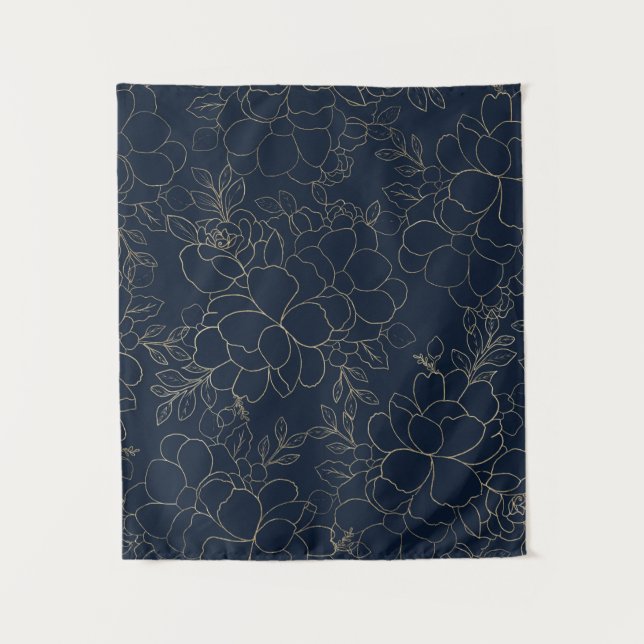 Stilvolle Marineblau-Goldhand gezeichnetes Blumen Wandteppich (Vorderseite)