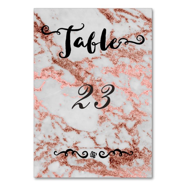 Stilvolle Marmor-Imitate Rose Goldhochzeit Tischnummer (Vorderseite)