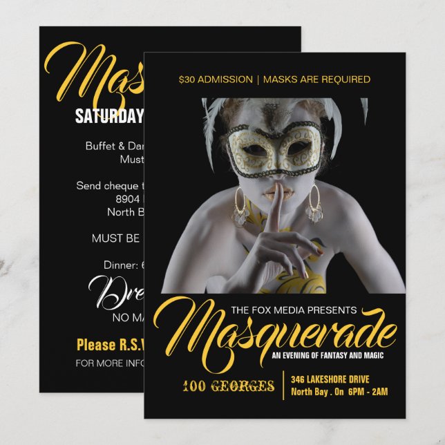 Stilvolle Masquerade-Party Einladung (Vorne/Hinten)