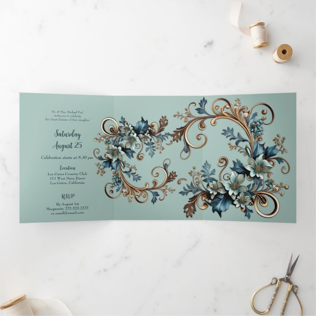 Stilvolle Metallic Floral Sweet 16 Party Einladung (Innenseite)