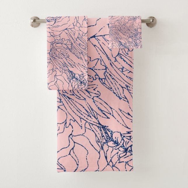 Stilvolle Metallic Navy Blue und Pink Floral Desig Badhandtuch Set (Insitu)