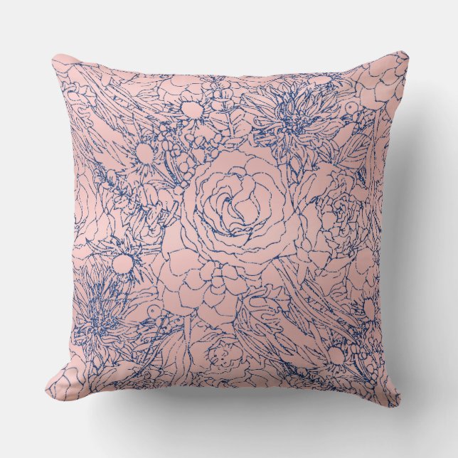 Stilvolle Metallic Navy Blue und Pink Floral Desig Kissen (Vorderseite)