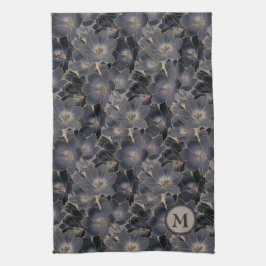 Stilvolle Midnight Navy Blue Floral Muster Monogra Geschirrtuch