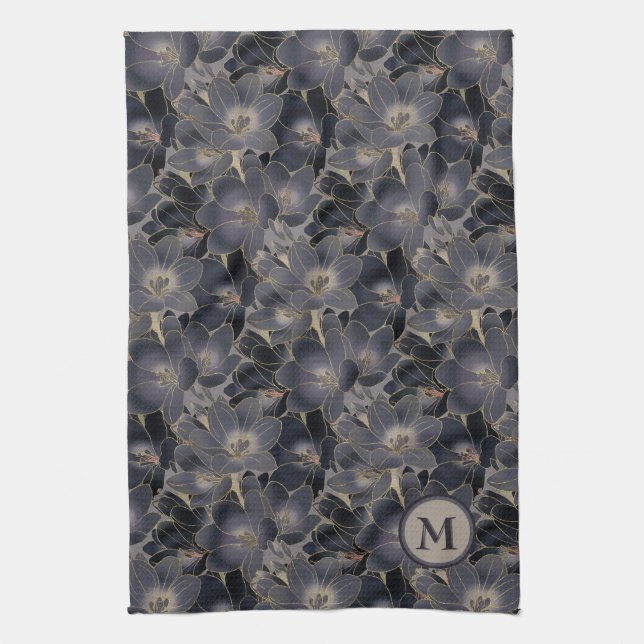 Stilvolle Midnight Navy Blue Floral Muster Monogra Geschirrtuch (Vertikal)