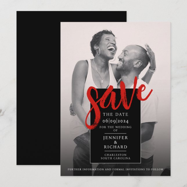 Stilvolle Minimal Chic Rot und Black Foto Hochzeit Save The Date (Vorne/Hinten)
