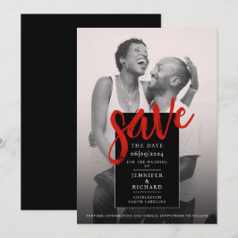 Stilvolle Minimal Chic Rot und Black Foto Hochzeit Save The Date