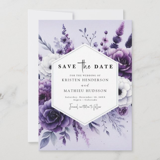 Stilvolle Minimalistische Lila Blumenhochzeit Save The Date (Vorderseite)