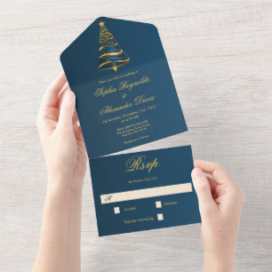 Stilvolle Minimalistische Weihnachtsbaumhochzeit All In One Einladung