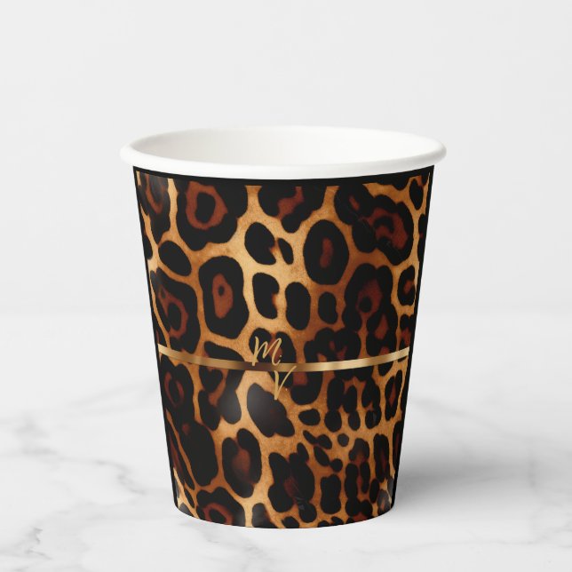 Stilvolle Mit Monogramm Leopard Print Pappbecher (Vorderseite)