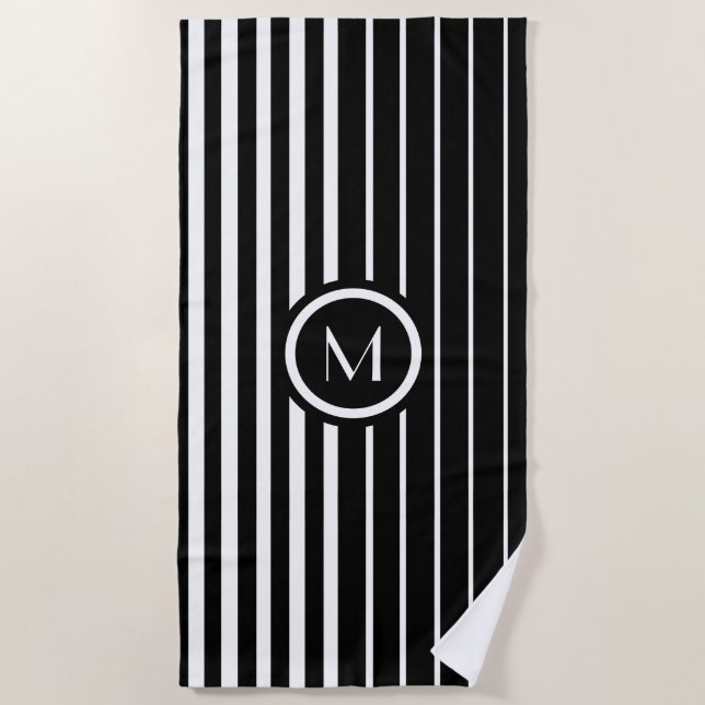 Stilvolle mit Monogramm schwarz-weiße Streifen Strandtuch (Vorderseite)