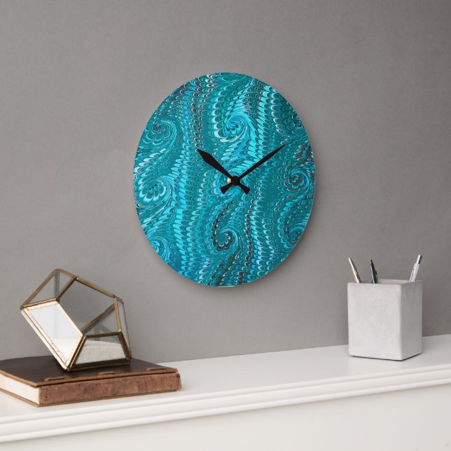 Stilvolle moderne Abstrakt Blue Wirbel Marble Patt Große Wanduhr (Büro)