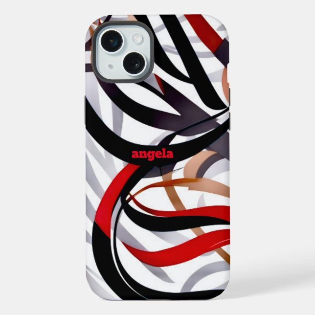 Stilvolle, moderne, abstrakte, schwarz-braune Wirb iPhone 15 Plus Hülle (Rückseite)