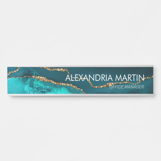 Stilvolle moderne Aquamarin Gold Glitzer Marmortür Türschild (Vorderseite )