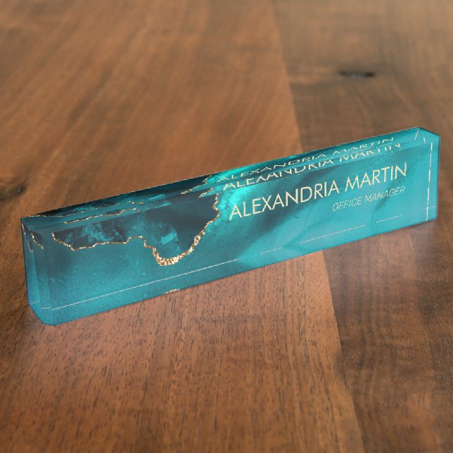 Stilvolle moderne Aquamarine Gold Glitzer-Marmor Namensplakette (Seite)