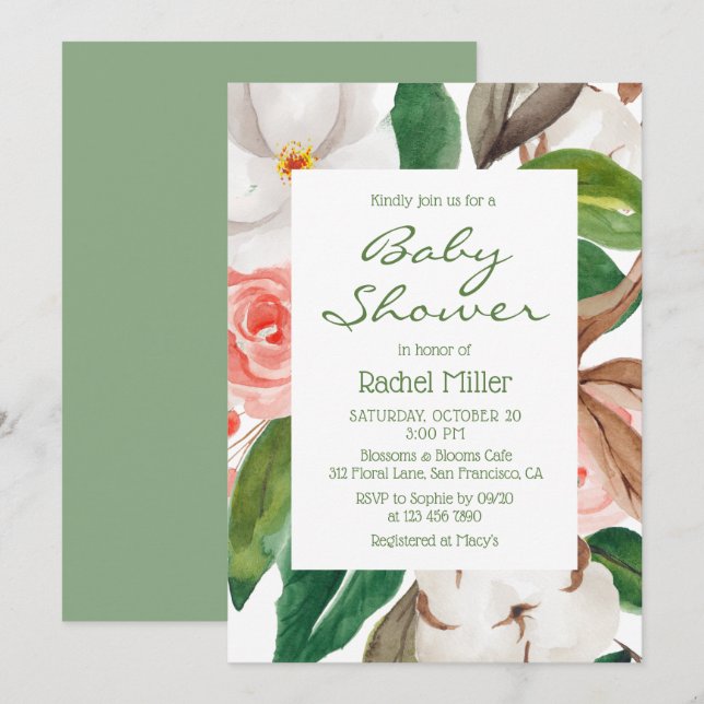 Stilvolle moderne Aquarell-Blumen-Baby-Dusche Einladung (Vorne/Hinten)