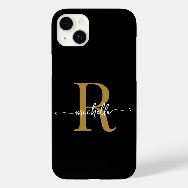 Stilvolle, moderne Black-Gold-Script Monogram Case-Mate iPhone 14 Plus Hülle (Rückseite)