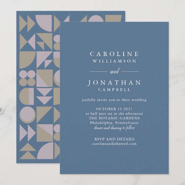 Stilvolle moderne geometrische blaue Taupe Lilac W Einladung (Vorne/Hinten)