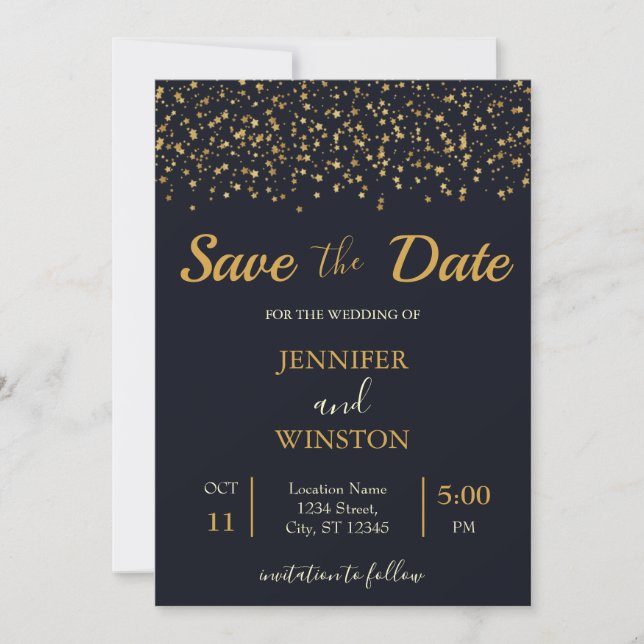 Stilvolle, moderne Goldstars Hochzeit Save The Date (Vorderseite)