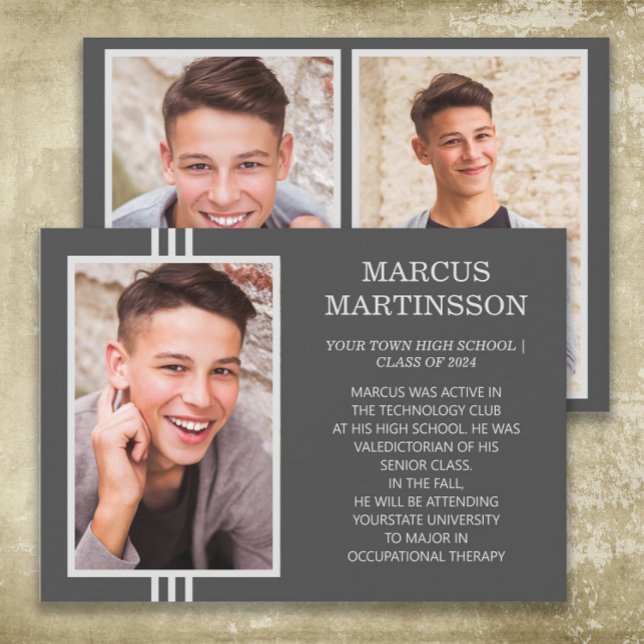 Stilvolle Moderne Gray Class 2024 Abschluss Foto Ankündigung (Brown 3-photo graduation announcement card for boys)