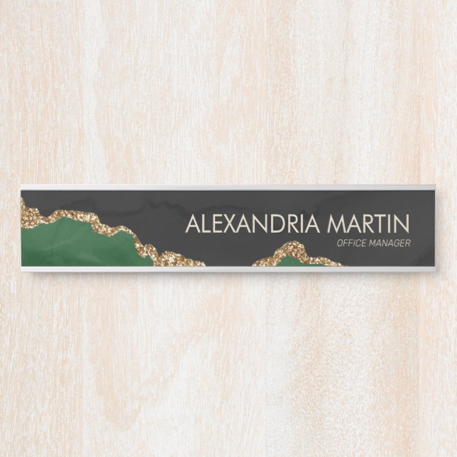 Stilvolle, moderne grüne Gold Glitzer Black Marble Türschild (Vorderseite )