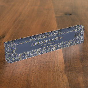 Stilvolle moderne Navy Blue Gold Blätter Beruflich Namensplakette