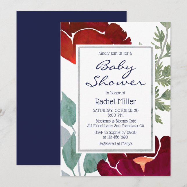 Stilvolle moderne Red Watercolor Floral Baby Dusch Einladung (Vorne/Hinten)