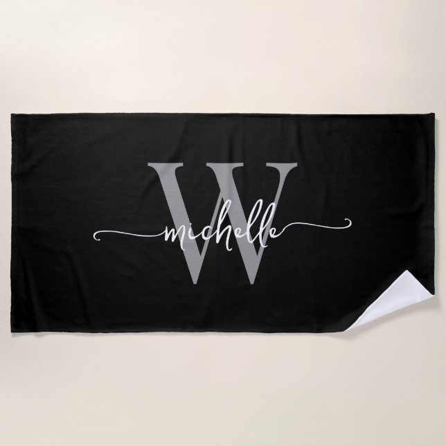 Stilvolle, moderne Schwarz-Grau-Monogramm-Namenssc Strandtuch (Vorderseite)