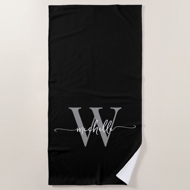 Stilvolle, moderne Schwarz-Grau-Monogramm-Namenssc Strandtuch (Vorderseite)