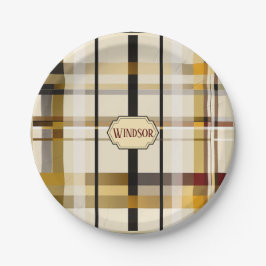 Stilvolle moderne Taupe und Gold Kariert Pappteller