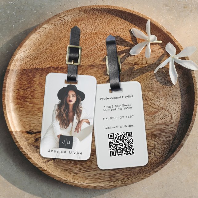 Stilvolle moderne Unternehmer Monogram Foto QR Cod Gepäckanhänger (Von Creator hochgeladen)