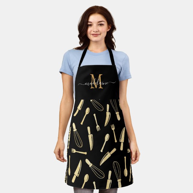 Stilvolle Monogram Black and Gold Kitchen Utensils Schürze (Getragen)