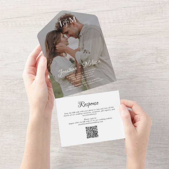 Stilvolle Monogram Foto Script QR Code Hochzeit All In One Einladung (Abreißen)